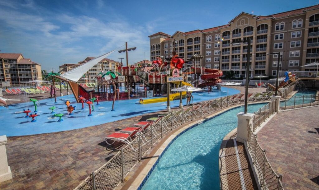 The upper level of the water park with the lazy river